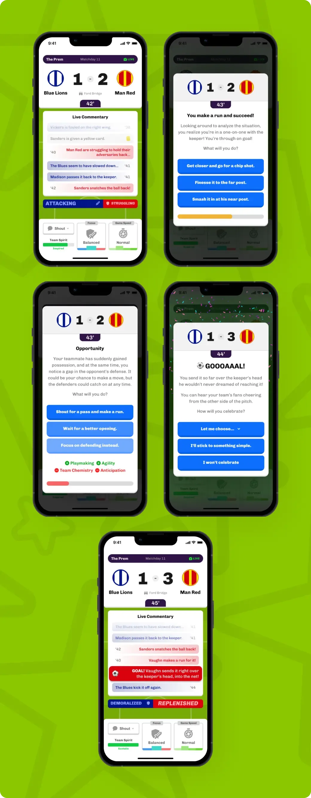 Football Career match engine interface optimized for mobile devices